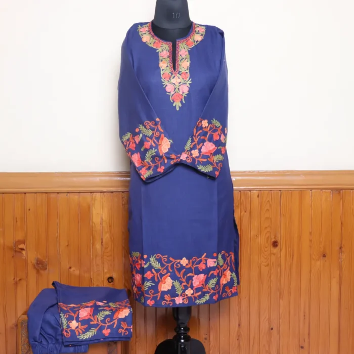 Kashmiri Ruby Cotton Blue Co-ord Set with Heavy Aari Work on Sleeves and Damaan | Pahalgam Collection