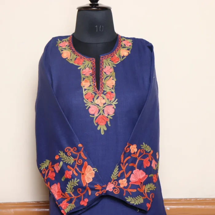 Kashmiri Ruby Cotton Blue Co-ord Set with Heavy Aari Work on Sleeves and Damaan | Pahalgam Collection - Image 2