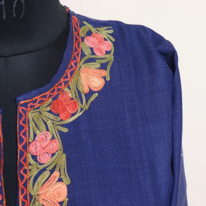 Kashmiri Ruby Cotton Blue Co-ord Set with Heavy Aari Work on Sleeves and Damaan | Pahalgam Collection - Image 3