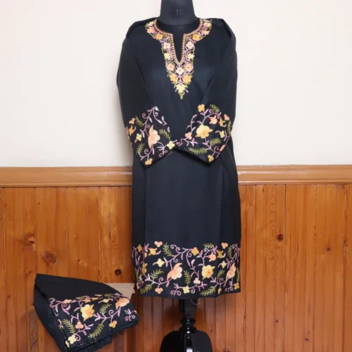 Kashmiri Black Co-ord Set in Ruby Cotton with Aari Embroidered Damaan and Sleeves | Pahalgam Collection
