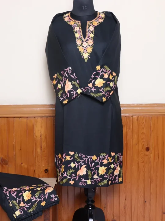 Kashmiri Black Co-ord Set in Ruby Cotton with Aari Embroidered Damaan and Sleeves | Pahalgam Collection