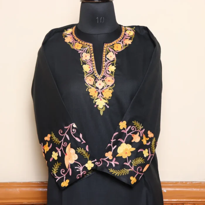 Kashmiri Black Co-ord Set in Ruby Cotton with Aari Embroidered Damaan and Sleeves | Pahalgam Collection - Image 2