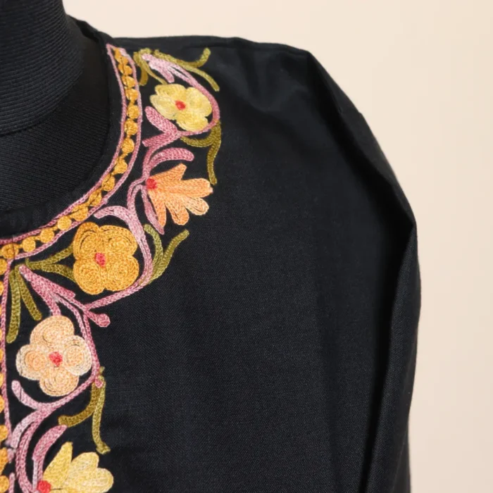 Kashmiri Black Co-ord Set in Ruby Cotton with Aari Embroidered Damaan and Sleeves | Pahalgam Collection - Image 3