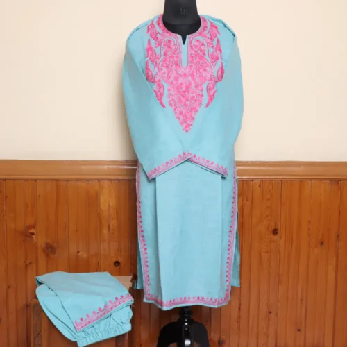 Sky Blue Soft Ruby Cotton Kashmiri Co-ord Set with Aari Embroiderey | Pahalgam Collection