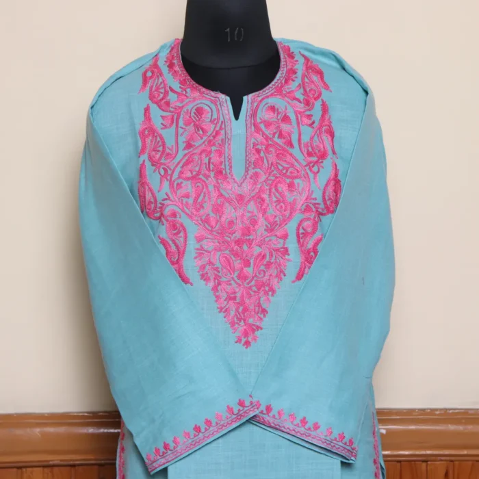 Sky Blue Soft Ruby Cotton Kashmiri Co-ord Set with Aari Embroiderey | Pahalgam Collection - Image 2