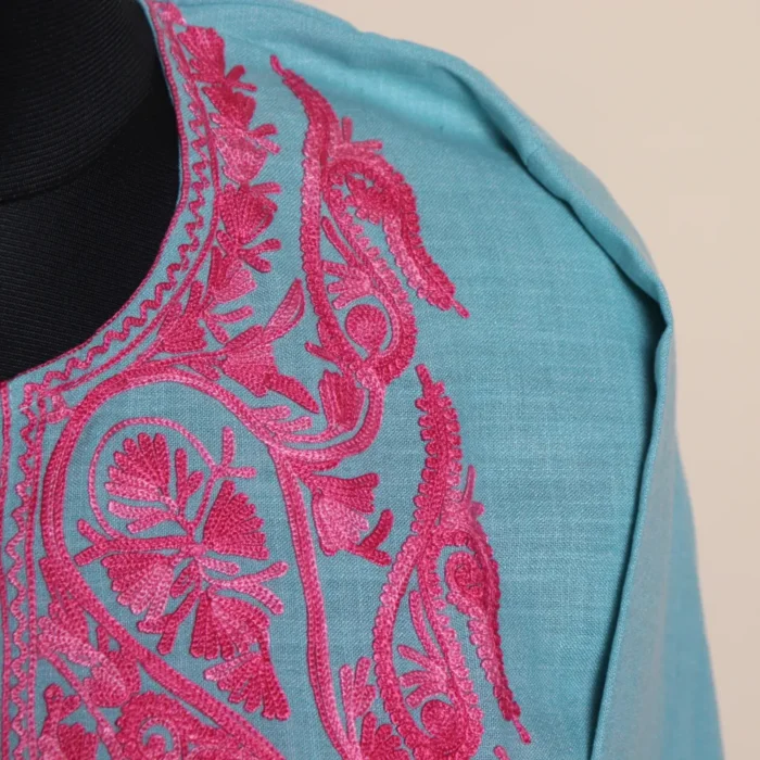 Sky Blue Soft Ruby Cotton Kashmiri Co-ord Set with Aari Embroiderey | Pahalgam Collection - Image 3