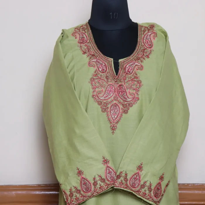 Kashmiri Lime Green Kurti Set With Sozni Embroidery | Lal Bazaar Collection - Image 2
