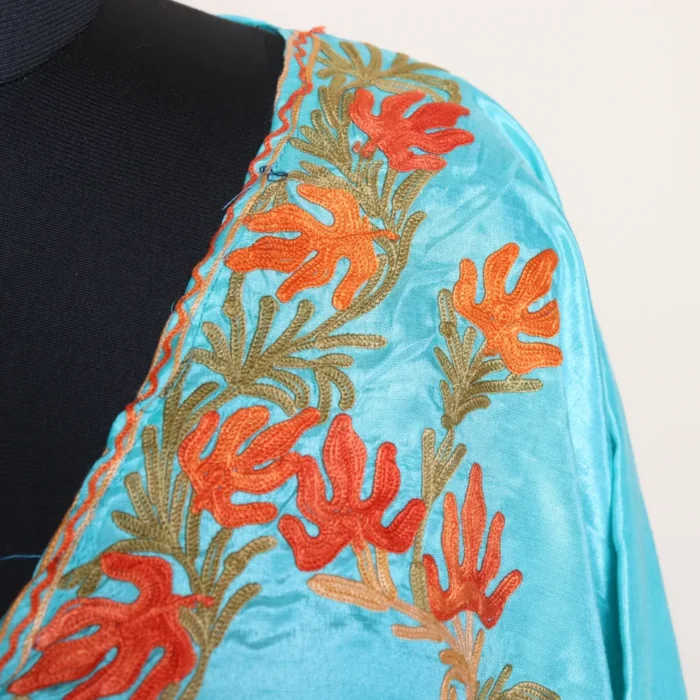 Light Sea Green Kashmiri Kaftan in Cotton Silk | Gulbano Collection - Image 3