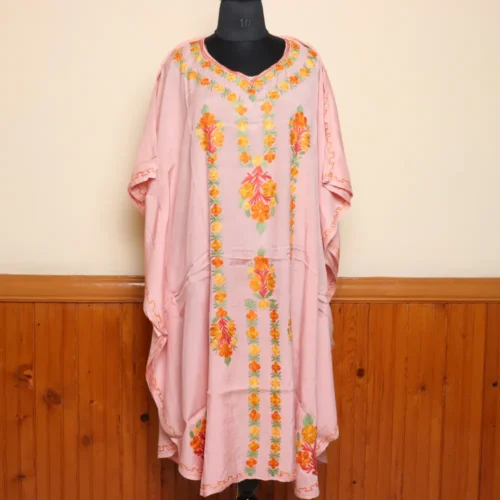 Kashmiri Aari Worked Pink Kaftan in Cotton Silk | Gulbano Collection