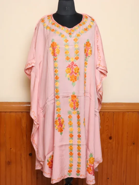 Kashmiri Aari Worked Pink Kaftan in Cotton Silk | Gulbano Collection
