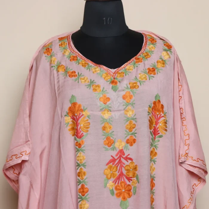 Kashmiri Aari Worked Pink Kaftan in Cotton Silk | Gulbano Collection - Image 2
