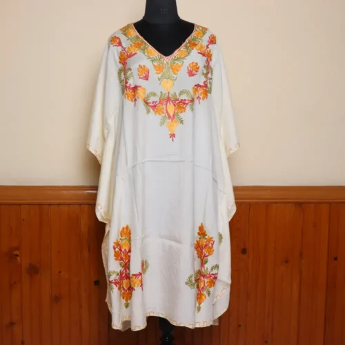 Kashmiri White Kaftan in Cotton Silk with Beautiful Aari Work | Gulbano Collection
