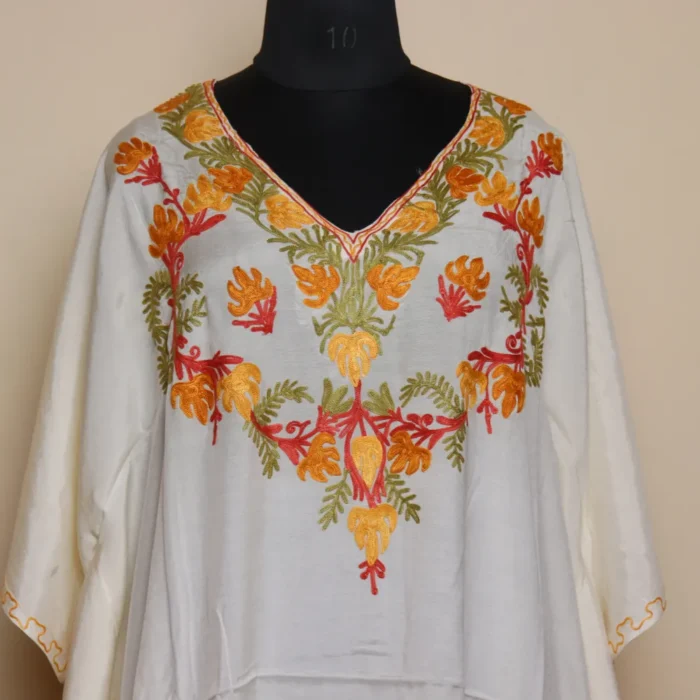 Kashmiri White Kaftan in Cotton Silk with Beautiful Aari Work | Gulbano Collection - Image 2