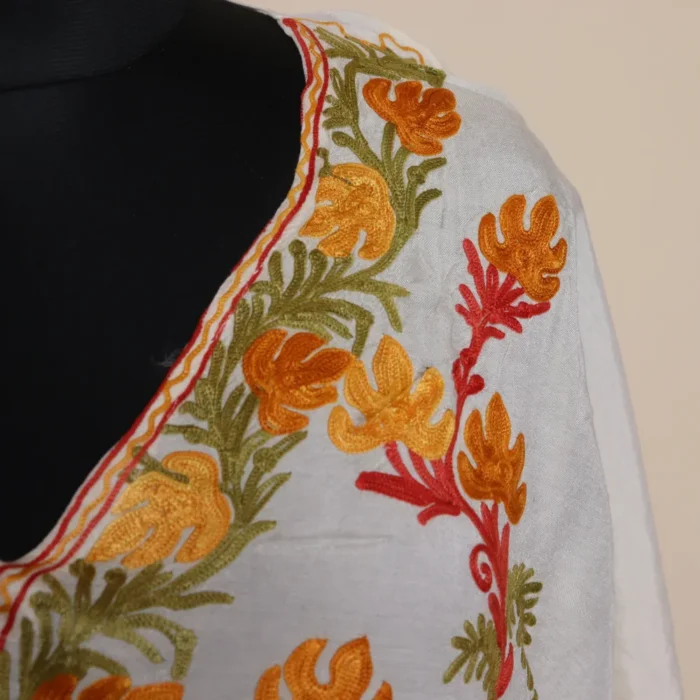 Kashmiri White Kaftan in Cotton Silk with Beautiful Aari Work | Gulbano Collection - Image 3