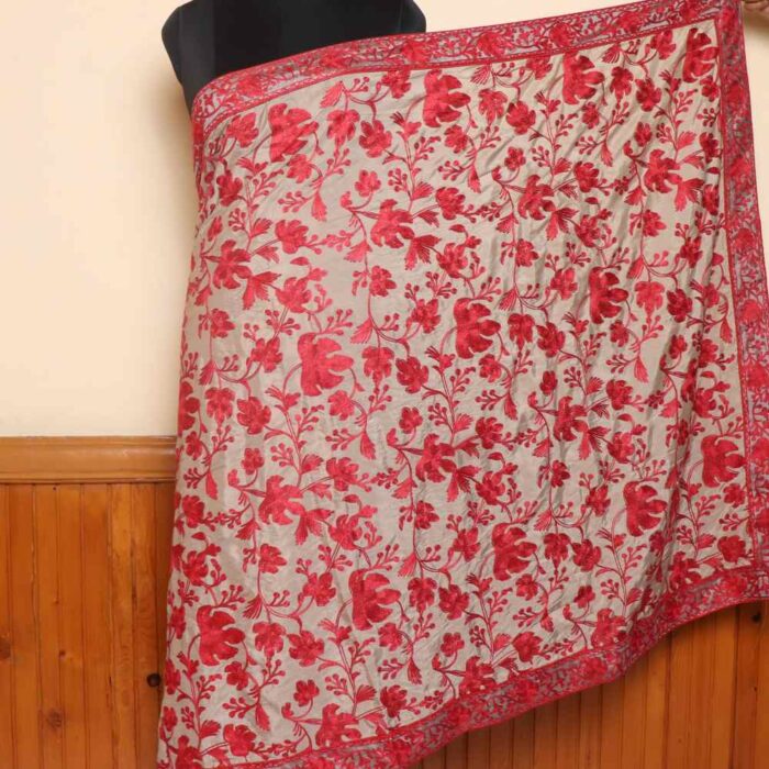 Kashmiri Beige Crepe Saree with Red Chinar Jaal Saree Aari Embroidery | Lal Bazaar Collection - Image 5