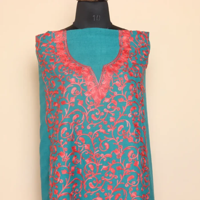 Teal Blue 2PC Kashmiri Cotton Suit | All Over Jaal Badami Aari Embroidery | Dal Jheel Collection - Image 2