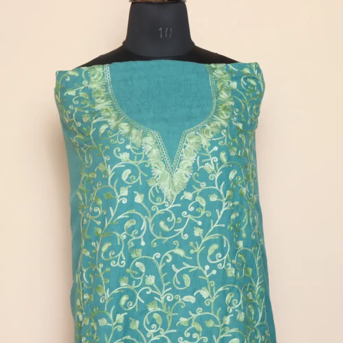 Dark Sea Green 2PC Kashmiri Cotton Suit | All Over Jaal Badami Aari Embroidery | Dal Jheel Collection - Image 2