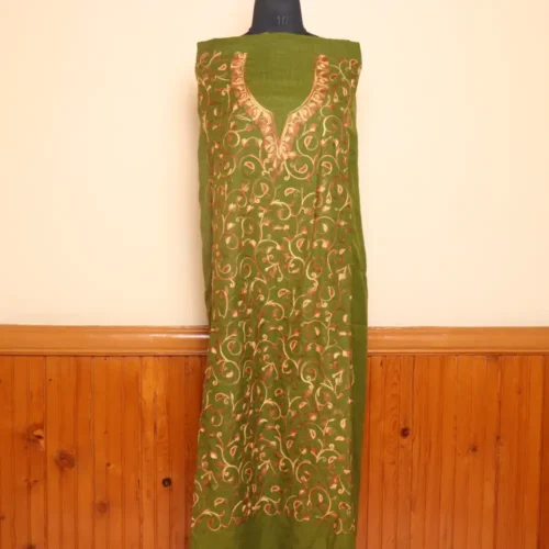 2PC Olive Green Kashmiri Cotton Suit | All Over Jaal Badami Aari Embroidery | Dal Jheel Collection