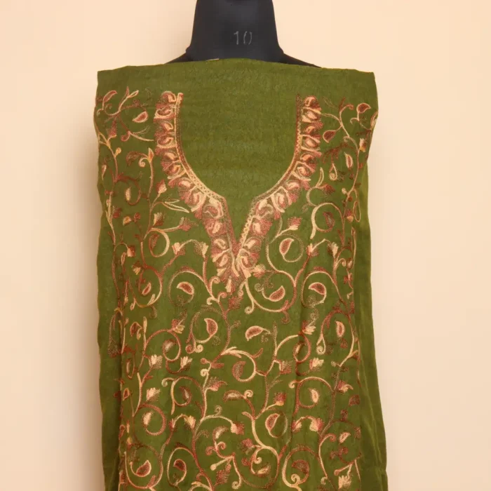 2PC Olive Green Kashmiri Cotton Suit | All Over Jaal Badami Aari Embroidery | Dal Jheel Collection - Image 2