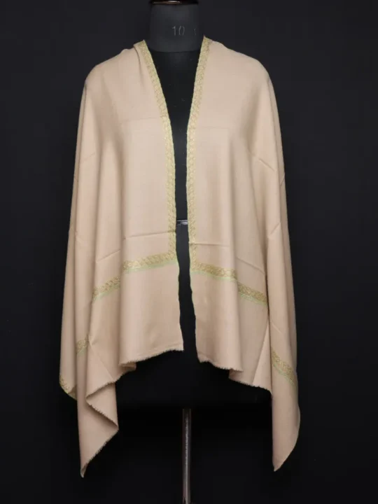 Kashmir-Made Pure Pashmina Stole – Beige with Delicate Sozni Embroidery