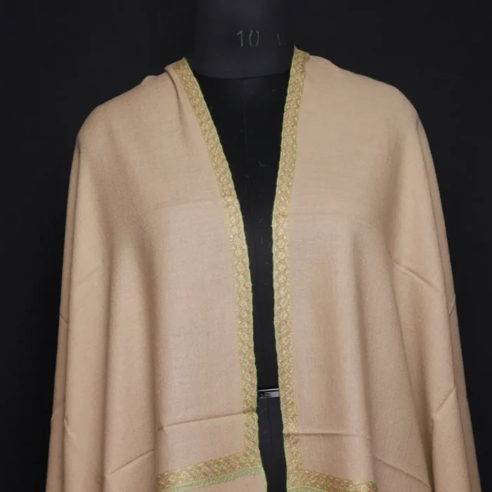 Kashmir-Made Pure Pashmina Stole – Beige with Delicate Sozni Embroidery - Image 2