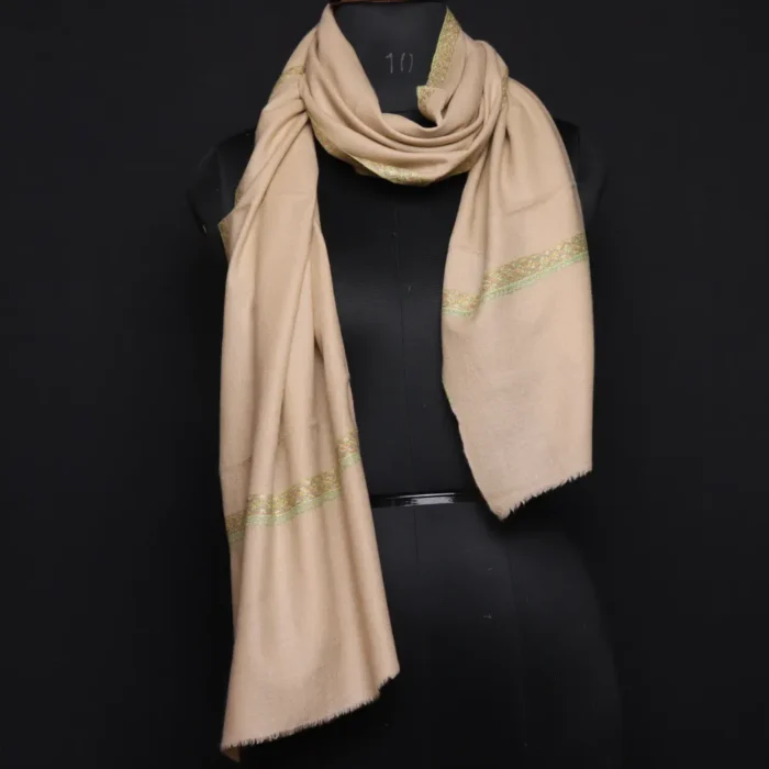 Kashmir-Made Pure Pashmina Stole – Beige with Delicate Sozni Embroidery - Image 4