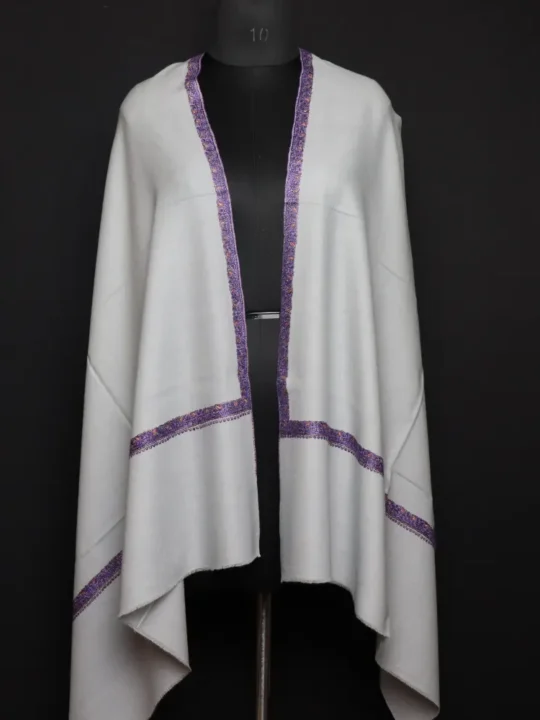 Grey Pure Pashmina Stole with Sozni Border & Motif – Hand-spun & Handwoven | Kashmiri Embroidered Luxury Wrap