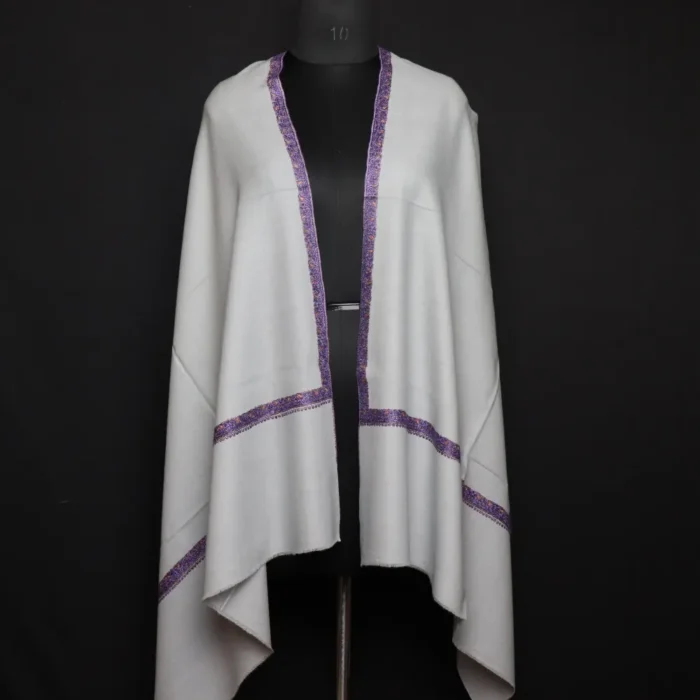 Grey Pure Pashmina Stole with Sozni Border & Motif – Hand-spun & Handwoven | Kashmiri Embroidered Luxury Wrap
