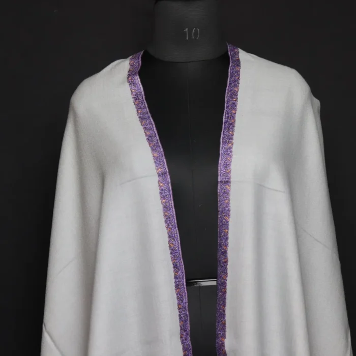 Grey Pure Pashmina Stole with Sozni Border & Motif – Hand-spun & Handwoven | Kashmiri Embroidered Luxury Wrap - Image 2