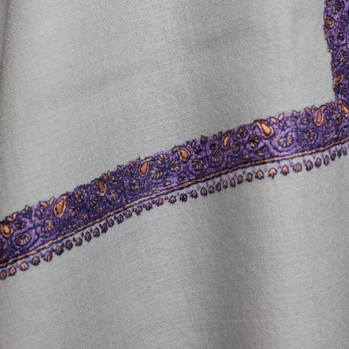 Grey Pure Pashmina Stole with Sozni Border & Motif – Hand-spun & Handwoven | Kashmiri Embroidered Luxury Wrap - Image 3