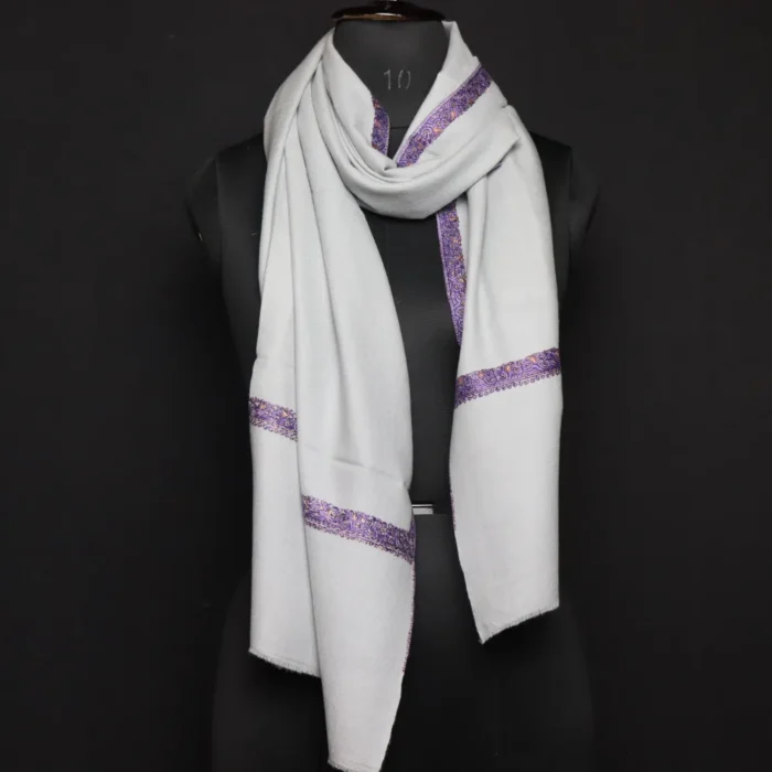 Grey Pure Pashmina Stole with Sozni Border & Motif – Hand-spun & Handwoven | Kashmiri Embroidered Luxury Wrap - Image 4
