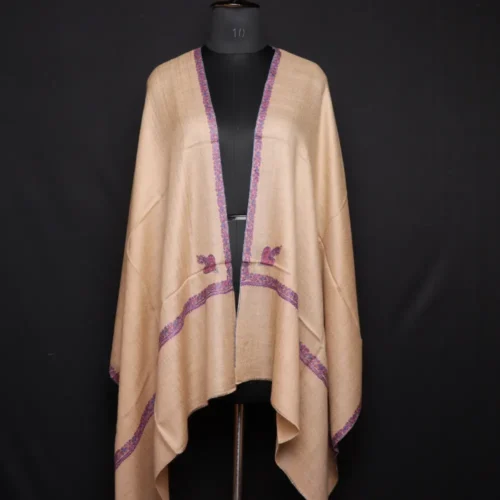 Beige Pure Pashmina Stole with Sozni Border & Motif – Hand-spun & Handwoven | Kashmiri Embroidered Luxury Wrap