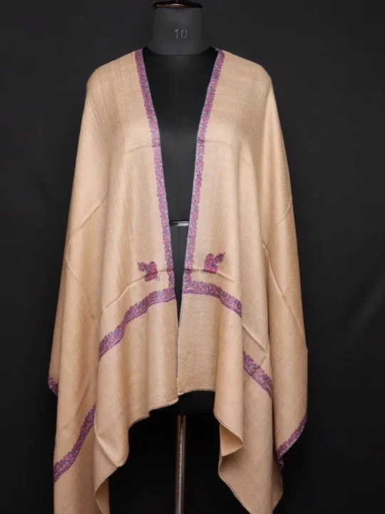 Beige Pure Pashmina Stole with Sozni Border & Motif – Hand-spun & Handwoven | Kashmiri Embroidered Luxury Wrap