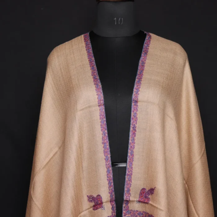 Beige Pure Pashmina Stole with Sozni Border & Motif – Hand-spun & Handwoven | Kashmiri Embroidered Luxury Wrap - Image 2