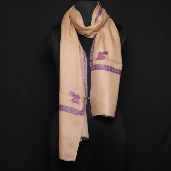 Beige Pure Pashmina Stole with Sozni Border & Motif – Hand-spun & Handwoven | Kashmiri Embroidered Luxury Wrap - Image 4