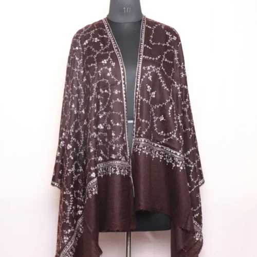 Pure Pashmina Kashmiri Stole – Dark Brown | Handwoven | Handspun | Sozni Hand Embroidery