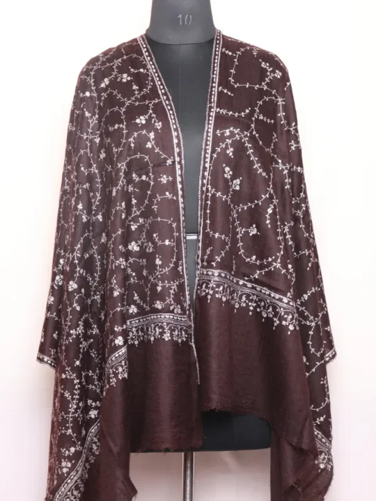 Pure Pashmina Kashmiri Stole – Dark Brown | Handwoven | Handspun | Sozni Hand Embroidery