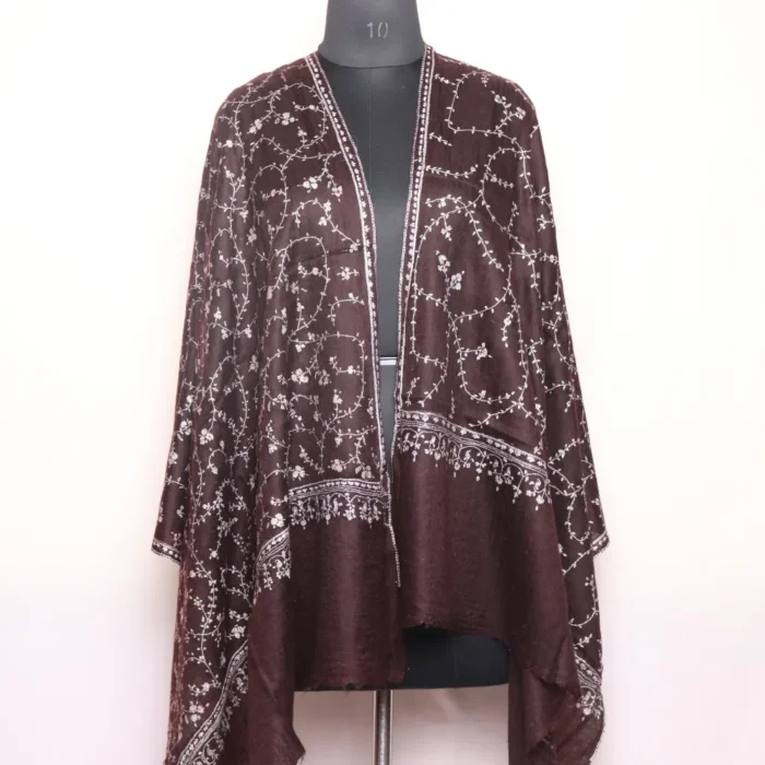 Pure Pashmina Kashmiri Stole – Dark Brown | Handwoven | Handspun | Sozni Hand Embroidery