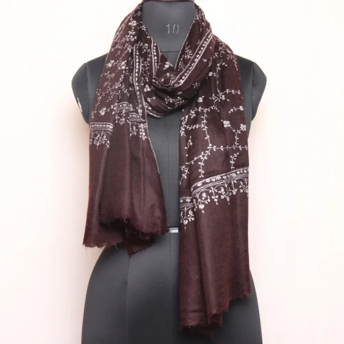 Pure Pashmina Kashmiri Stole – Dark Brown | Handwoven | Handspun | Sozni Hand Embroidery - Image 4