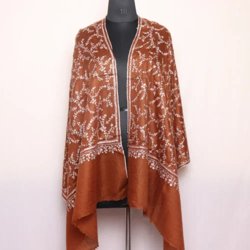 Chocolate Brown Soft Pashmina Wrap with Sozni Embroidery – Handwoven Kashmiri Stole | Pure Pashmina Scarf for Women