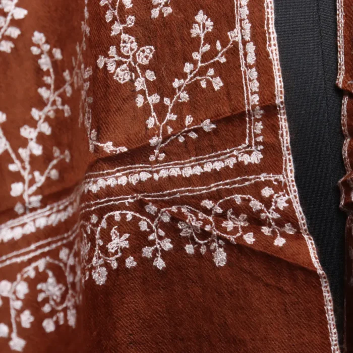 Chocolate Brown Soft Pashmina Wrap with Sozni Embroidery – Handwoven Kashmiri Stole | Pure Pashmina Scarf for Women - Image 4