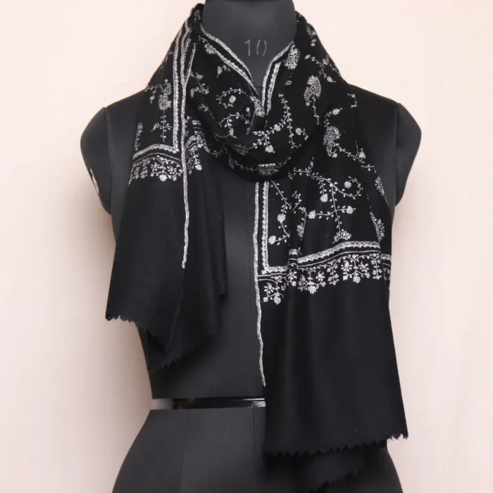 Black Soft Pashmina Wrap with Sozni Embroidery – Handwoven Kashmiri Stole | Pure Pashmina Scarf for Women - Image 4