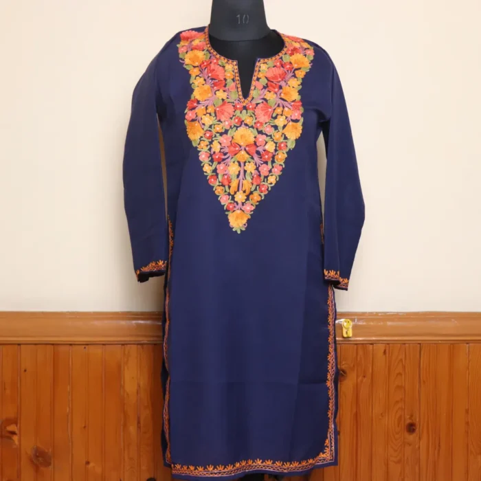 Kashmiri Blue Aari Embroidered Summer Cool Long Kurti | Pahalgam Collection - Image 2