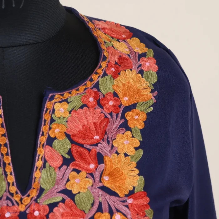 Kashmiri Blue Aari Embroidered Summer Cool Long Kurti | Pahalgam Collection - Image 3