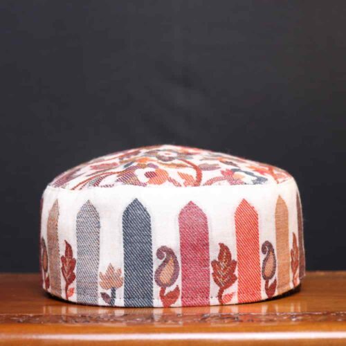 White Color Gul-i-Raana Kashmiri Kani Cap in Bloom Pattern