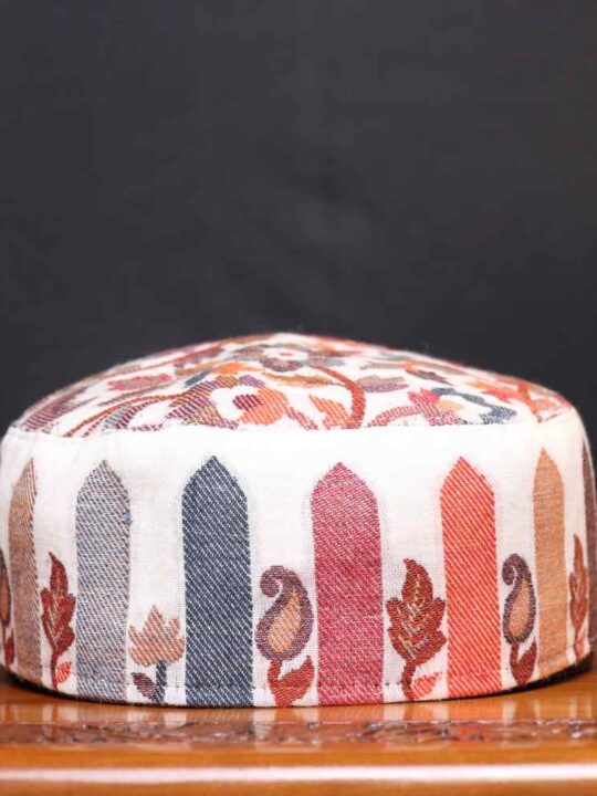 White Color Gul-i-Raana Kashmiri Kani Cap in Bloom Pattern