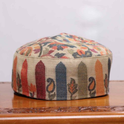 Gul-i-Raana Beige Color Kashmiri Kani Cap in Bloom Pattern