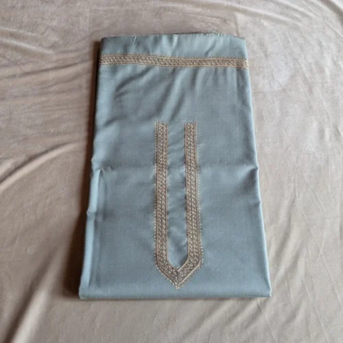 Kashmiri Greyish Green Kurta Pyjama in Ruby Cotton with Elegant Sozni Hand Embroidery