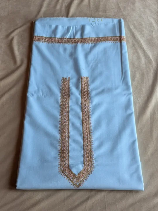 Kashmiri Blue Ruby Cotton Kurta Pyjama with Traditional Sozni Hand Embroidery