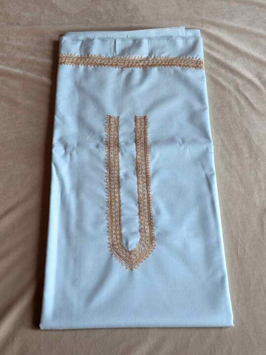Light Blue Ruby Cotton Men’s Kurta Pyjama with Subtle Hand Sozni Work – Kashmiri Look